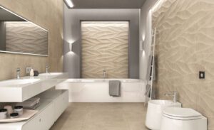 Novabell Sovereign tile in a bath room with white plumbing features