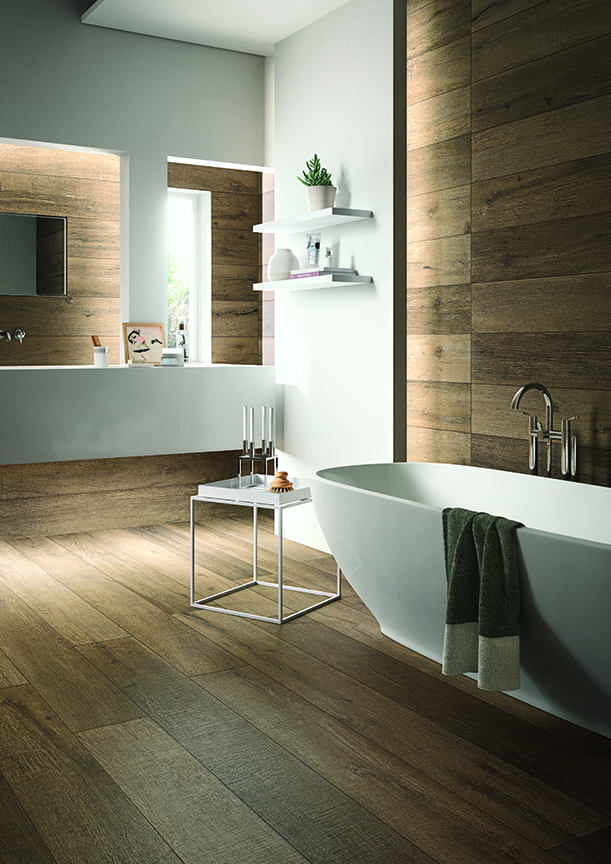 A porcelain wood look tile installed in a bathroom