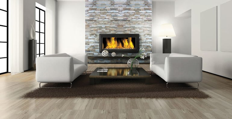 Florida tile ledgerstone on the fireplace facade and a porcelain wood floor