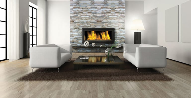 Florida tile ledgerstone on the fireplace facade and a porcelain wood floor