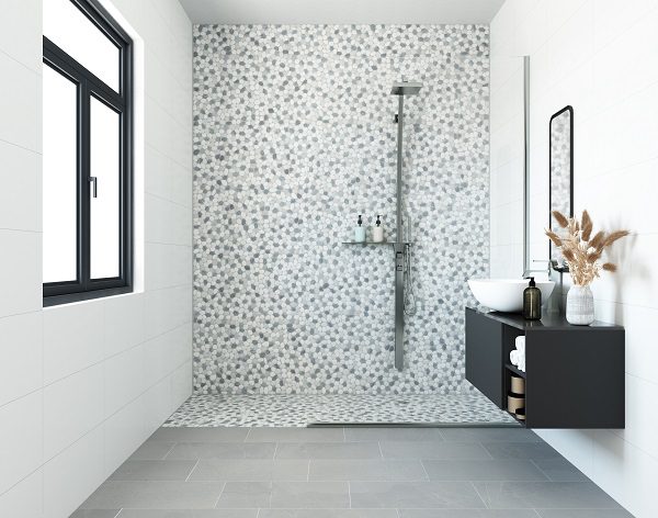 Florida Tile Pebbles color Silver installed in a modern bathroom.