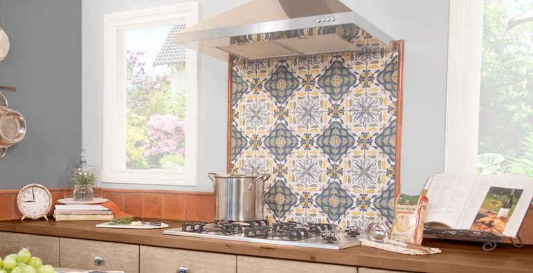 Jeffrey Court Tile Chapter 4 - Via pattern Contempo Algave installed on a kitchen backsplash as a focal point