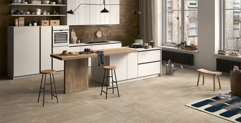 Panaria Connect collection color Akashi installed on a kitchen floor