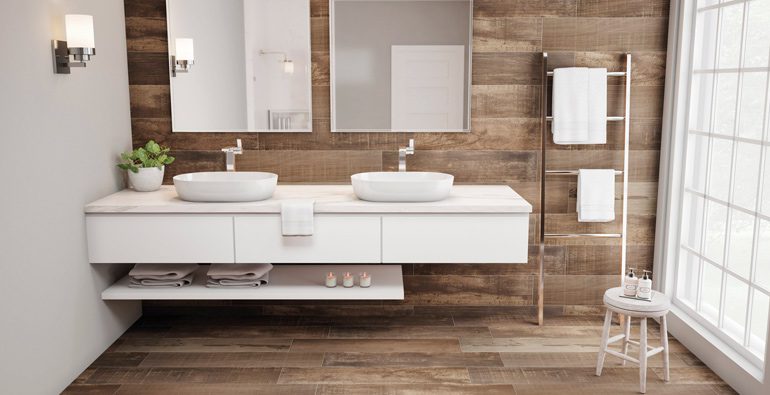 Mercado Forest color Ipirapuera porcelain wood plank installation in a bathroom setting. 