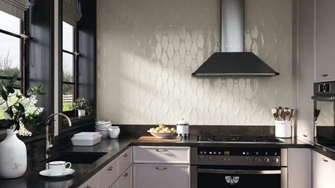 APE Vintage Natural Hexagon Tile installed on a backsplash