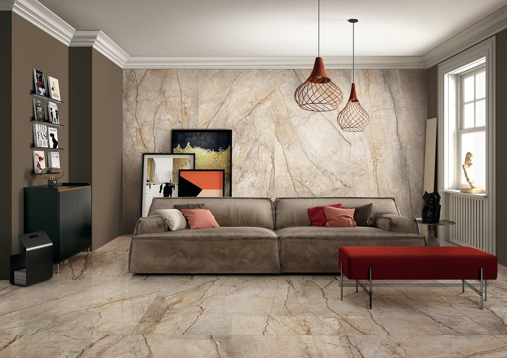 Imola The Room collection, color San Pe gauged porcelain tile installed on the wall of this living room. Photo courtesy of Imola.