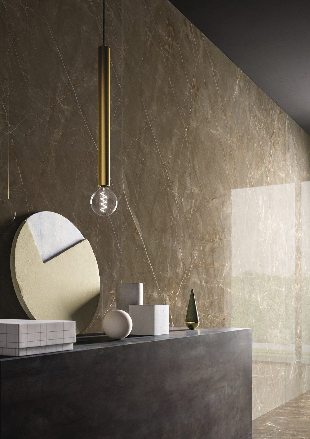 Fiandre Marmi Maximu collection, color Glam Bronze gauged porcelain tile installed on a wall. Photo courtesy of Fiandre.