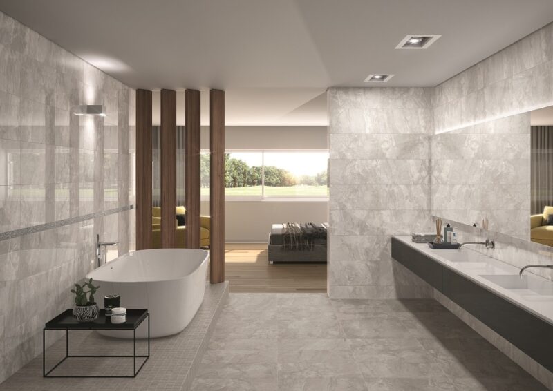 Florida Tile Ainslee Park color Breccia Mist in a bathroom