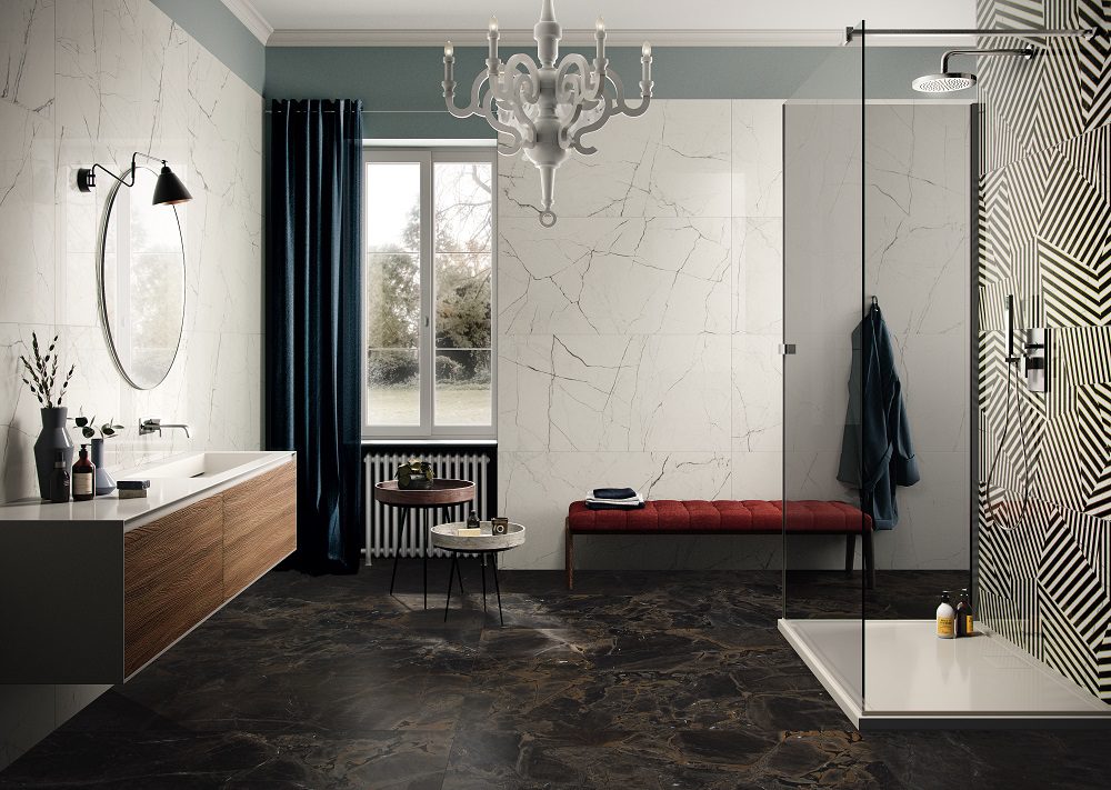 Imola The Room Statuario (wall) and Infinity Black (floor). Photo courtesy of Imola.