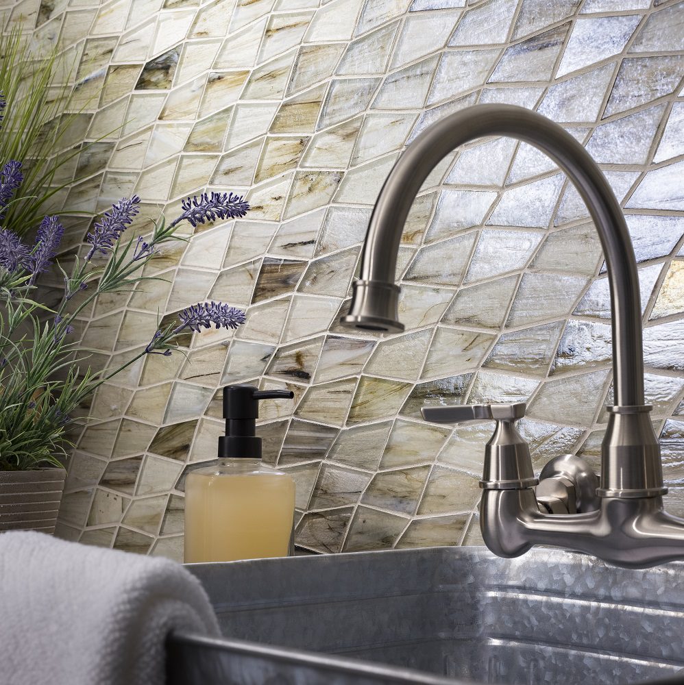 Lunada Bay Lapis collection showing the pulse shape in color flicker with a pearl finish as a bathroom tile