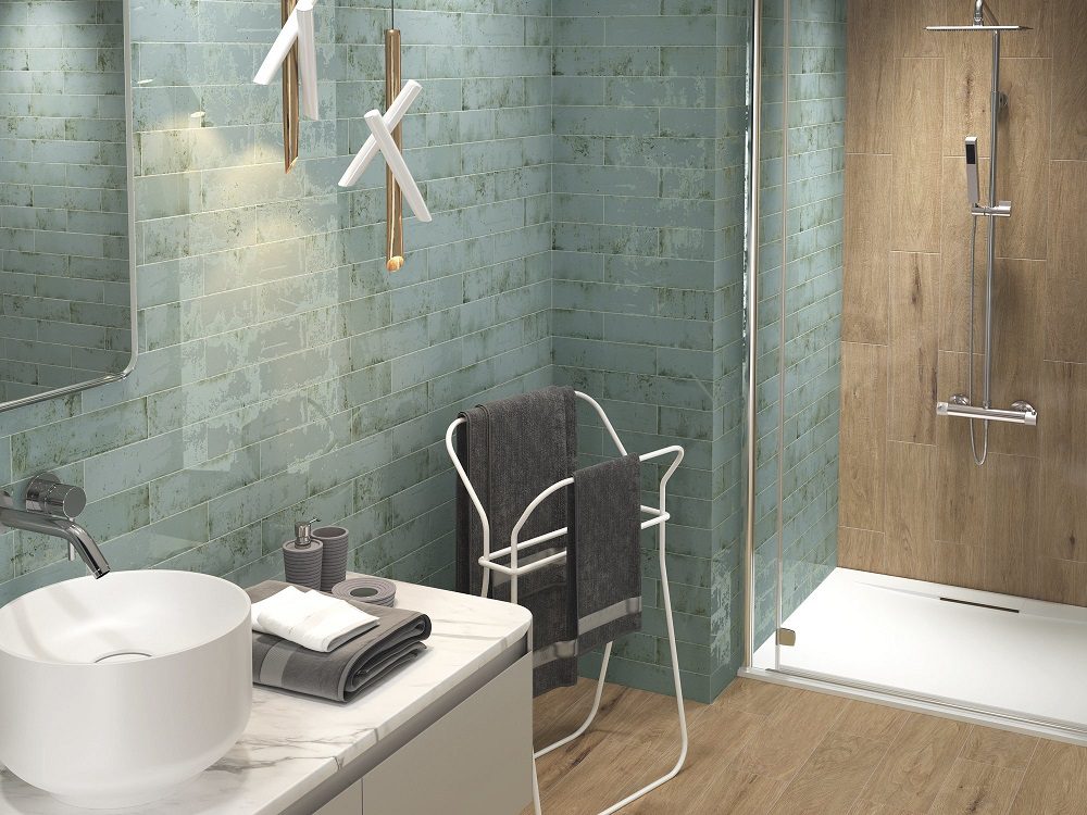 APE Grunge Aqua installed on a bathroom wall