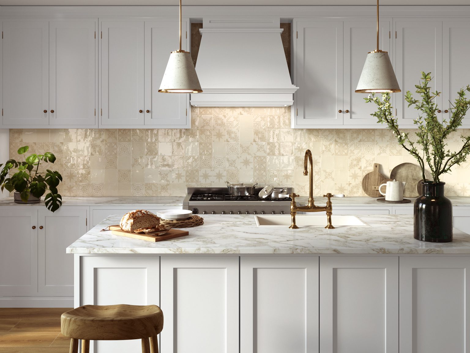 Ape Fado Beige 5x5 Decos installed on a backsplash.