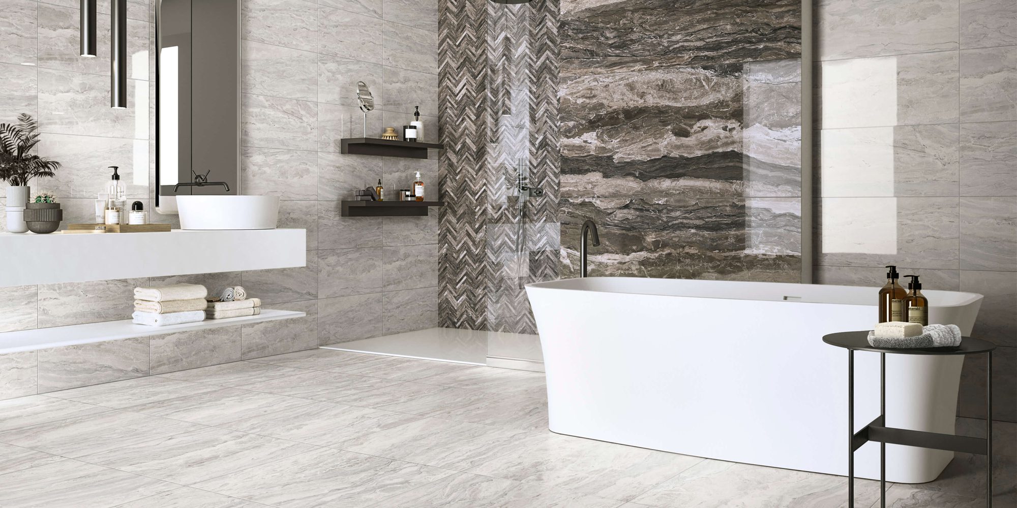 Ascot Gemstone Silver and Mink Polished installed on bathroom floors and walls.