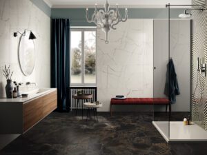 Imola The Room INF BR Matte installed on bathroom floor and STA VP Polished installed on bathroom walls.