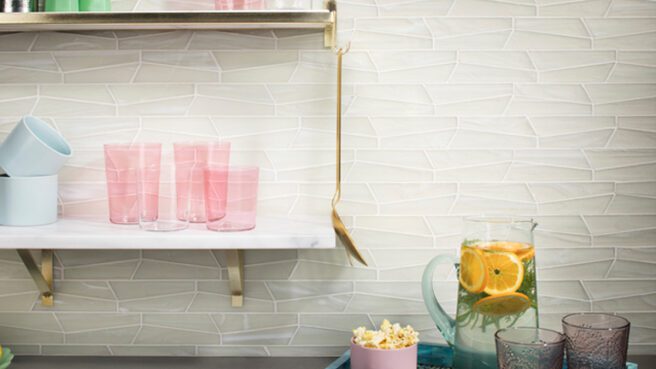 Lunada Bay Luce Moonlit Silk Fin installed on a backsplash. Handcrafted glass tile