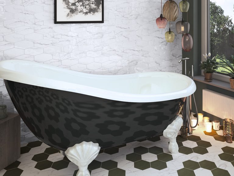 Ribesalbes Carrara Collection Glossy Elongated hexagon on bathroom walls and Matte Hex on bathroom floor.