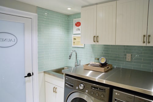 Glass Tile Backsplash installed in a Laundry Room