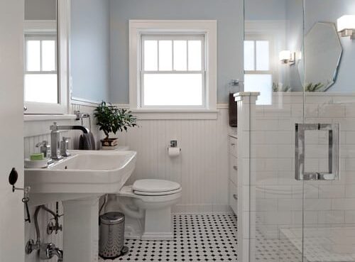 Bathroom featuring geometric tile