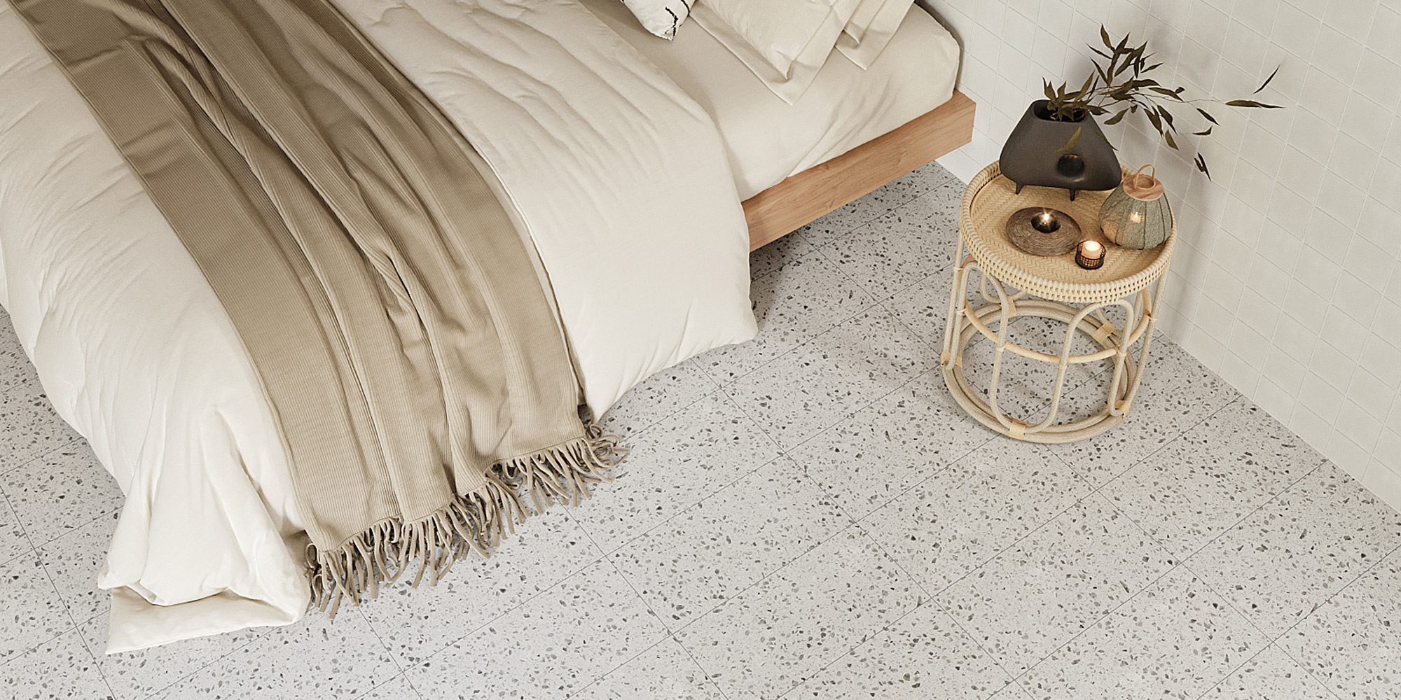 Jeffrey Court Chapter 10 Matinee Terrazzo installed in a bedroom.