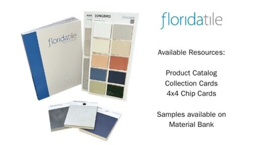 Photo shows Florida Tile 2023 catalog, two example collection cards, and 4x4 chip cards.