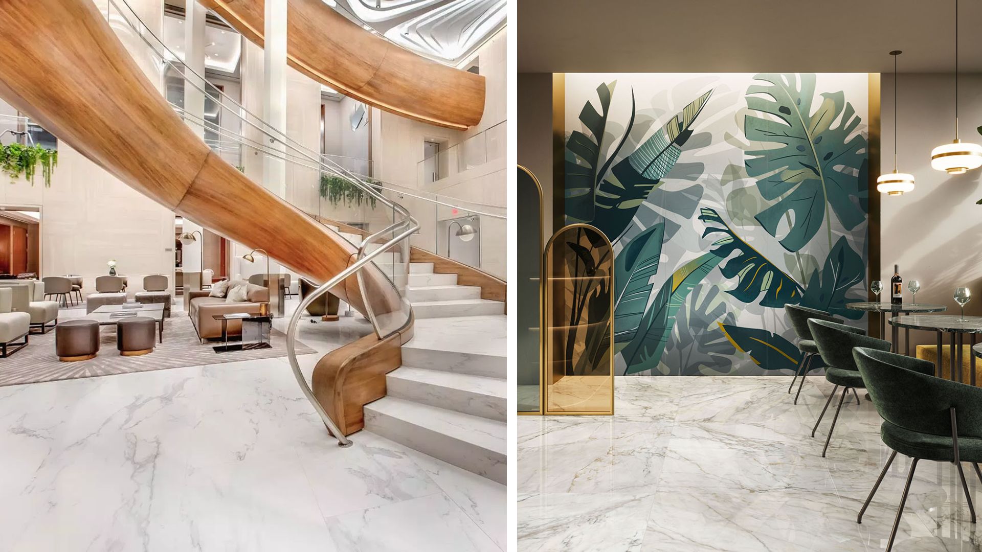 Two examples of Amenity spaces. Left side photo shows a high end apartment wellness space. A white marble visual is featured on the floor and stairs. The right side photo shows Cotto D'este Wonderwall Botany installed in a restaurant setting.