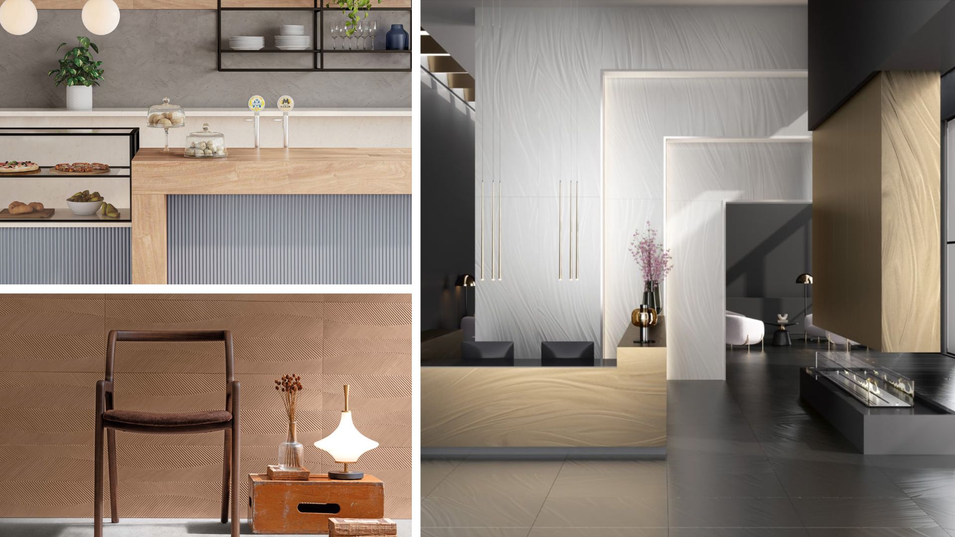 Three examples of Textured Wall tile. Top Left photo shows Mercado Cement Project, Right side photo shows Fiandre Luce, Bottom left photo shows Mercado Mood wall.