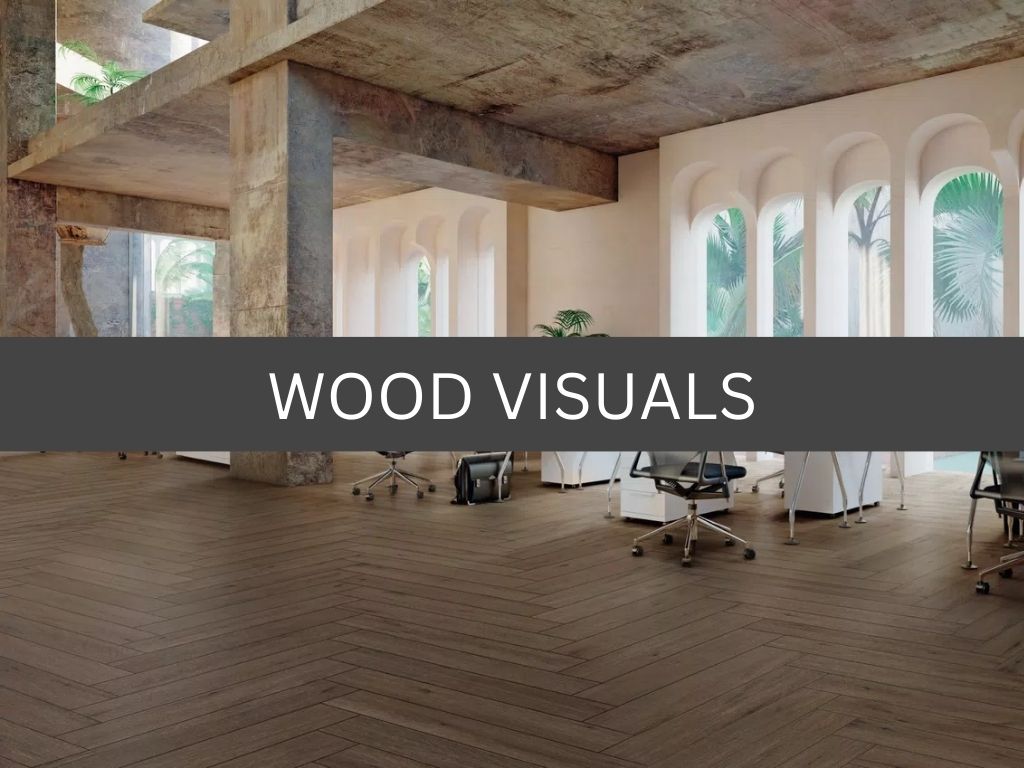 Office setting featuring Milestone Native installed on the floor. Photo is labeled "Wood visuals"