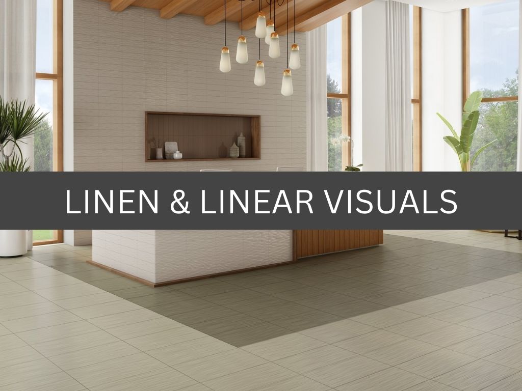 Reception desk in lobby setting featuring Mercado Trillo tile installed on the floor. Label reads "Linen & Linear Visuals"