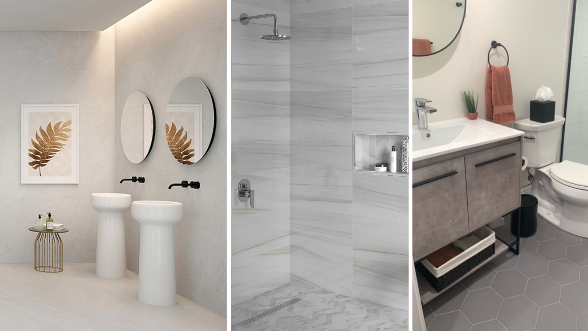 three examples of bathroom installations including stone, marble, and solid visuals.