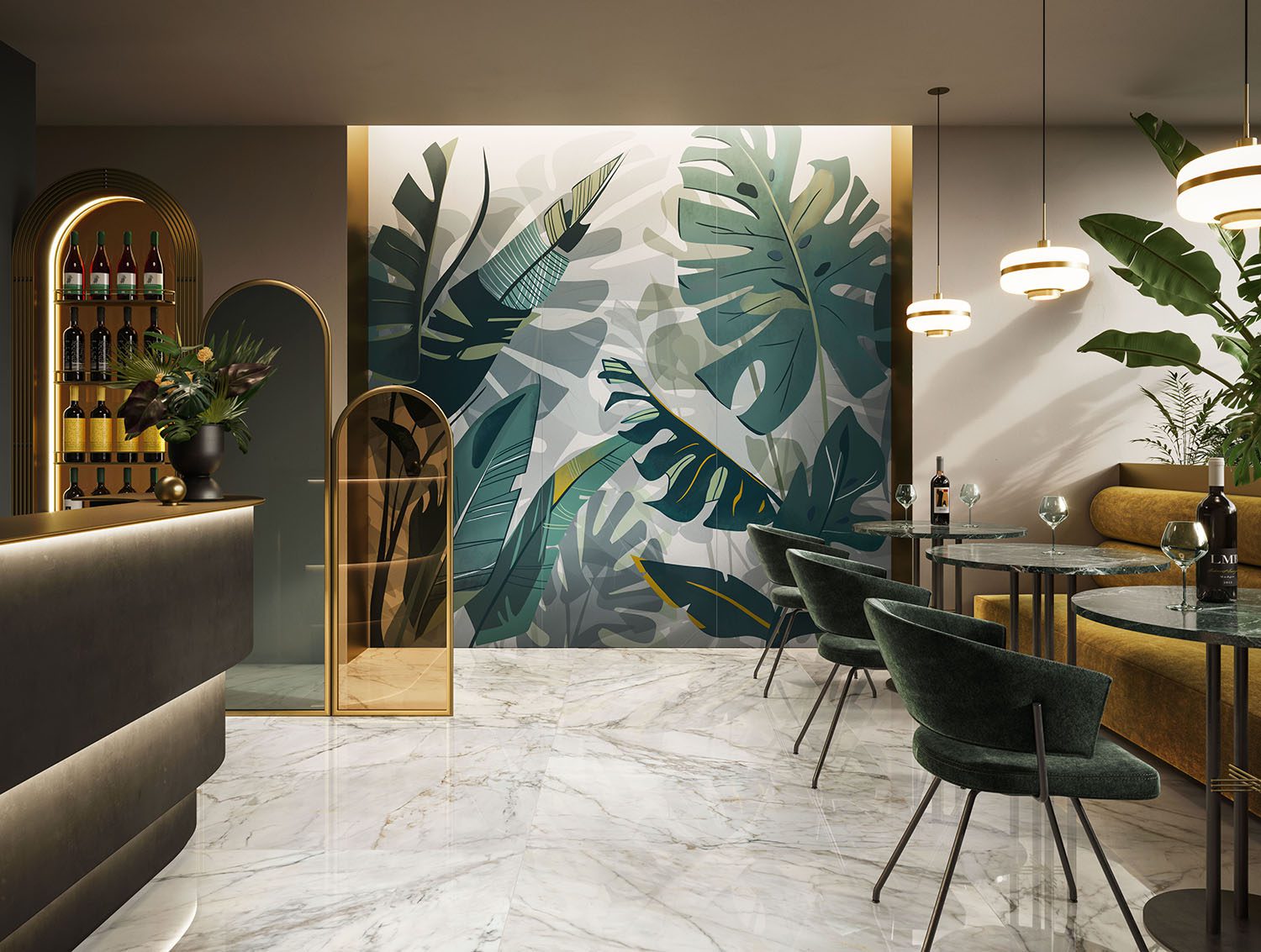 A lounge or amenity space with Wonderwall Botany tile installed on the floors and walls.