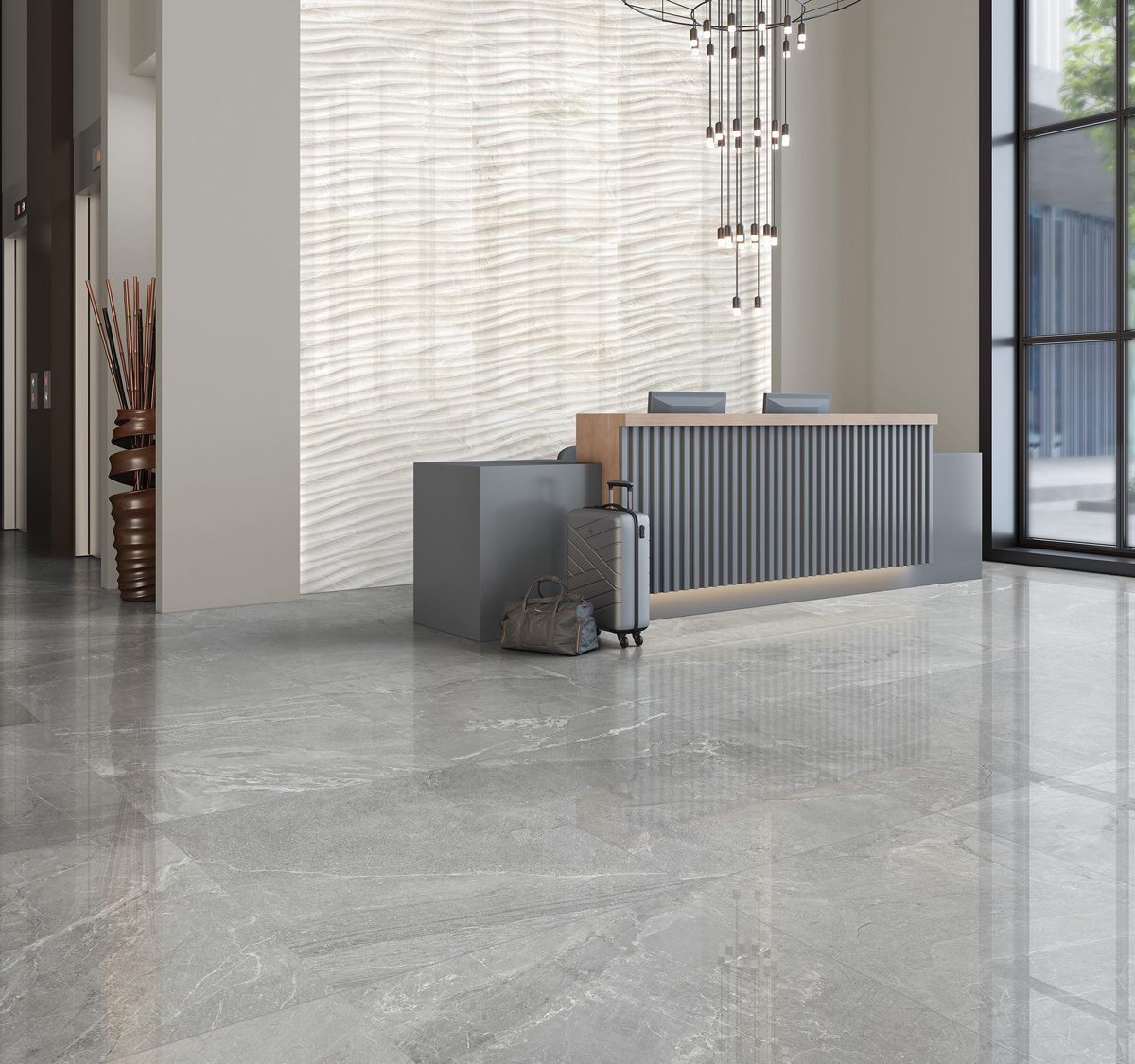 A office building entryway with a textured accent using Florida Tile Tempo and a grey polished porcelain floor.