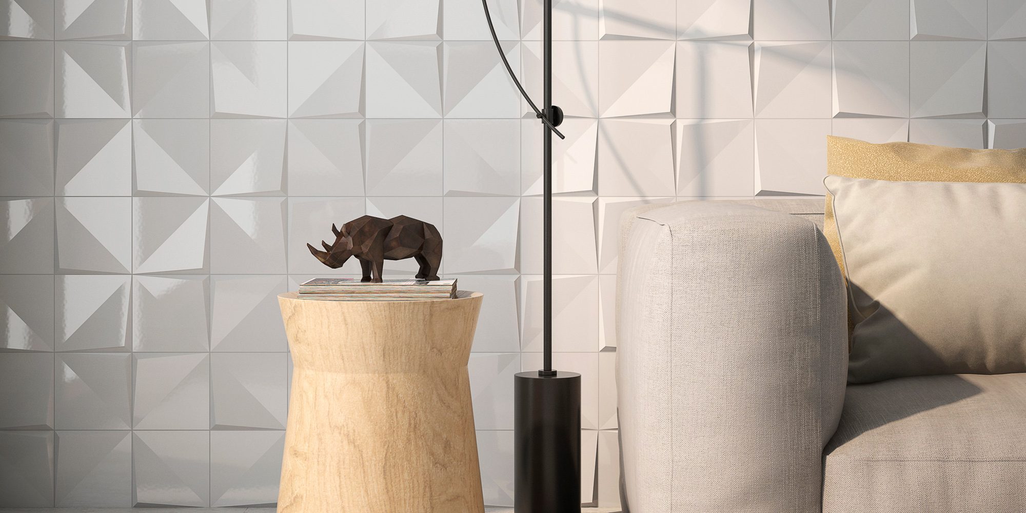 A white bathroom with textured accent walls using Roca Dimensions tile