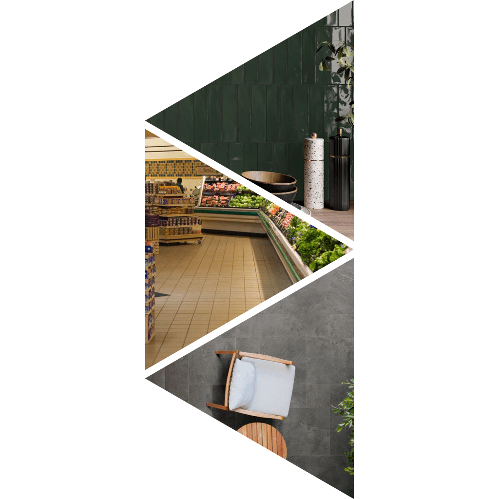 Three images arranged in triangles to show different types of ceramic tile. First image features a dark green ceramic wall tile, The second image shows a quarry tile installation. The third image shows a porcelain tile installed on a patio,