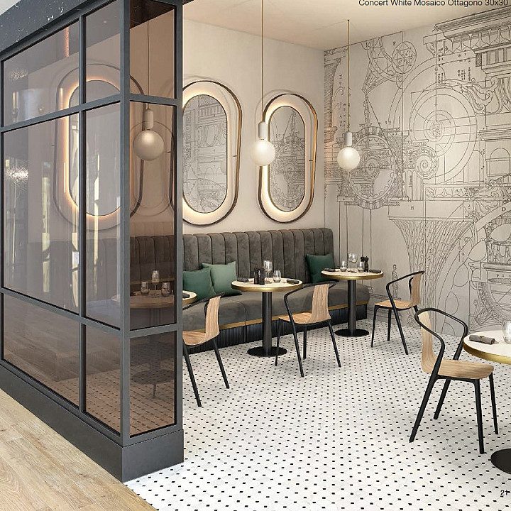 A cafe or amenity space with Edimax Concert tile installed on the floor