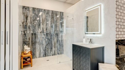 Showroom bathroom showing gauged porcelain tile installed on the wall