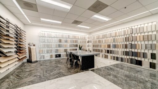 Many ceramic tile samples on the wall in Conestoga Tile Sterling VA showroom