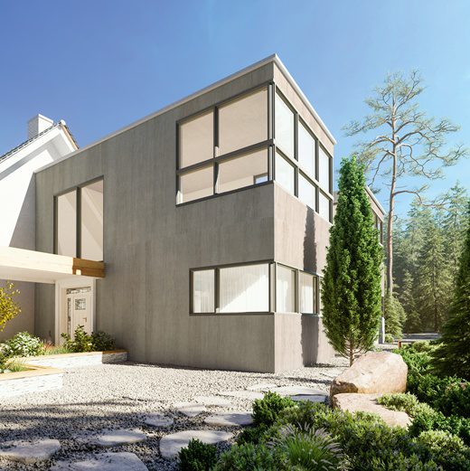A modern looking building with large windows and porcelain tile exterior walls on a sunny day